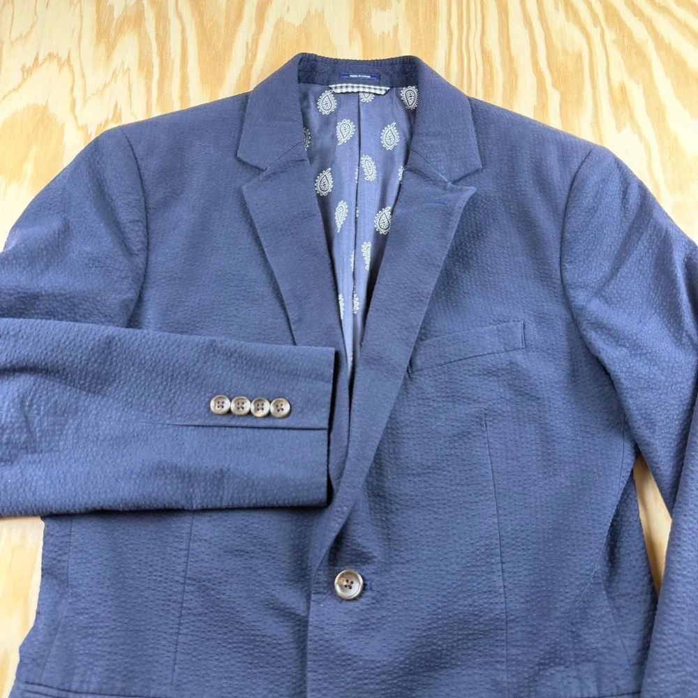 Bonobos Mens 38R Slim Fit Seersucker Blazer Navy Blue Cotton Unconstructed Coat